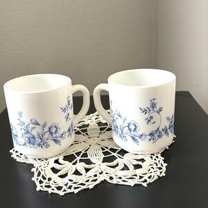 2 Vintage Aropal France Glenwood Blue Floral Glass Mugs Cups Used